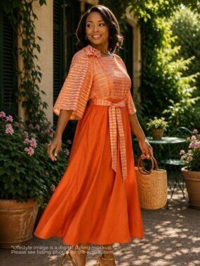 EY Boutique NWT Orange Stripe Midi Dress 20W Bell Sleeve Belted Occasion Dress